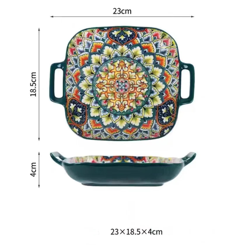 Bohemian double ear square ceramic plate