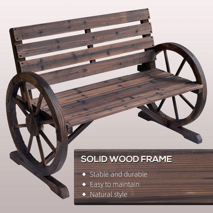 Outdoor Rustic Fir Wood Bench with Wagon Wheel Armrests Weather Resistant 550 Lbs Capacity 2 Seater