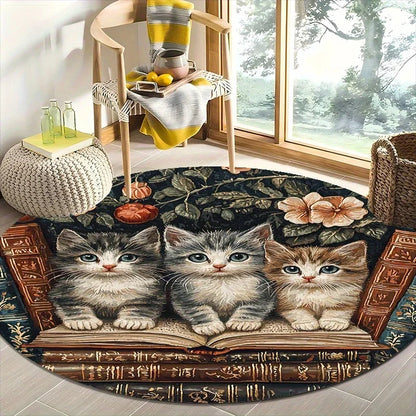 Cat and Book Style Flannel-printed round floor mat