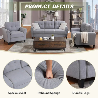 3-Piece Living Room Sectional Sofa Set, Upholstered Armchair Loveseat Sofa and Three Seat Sofa