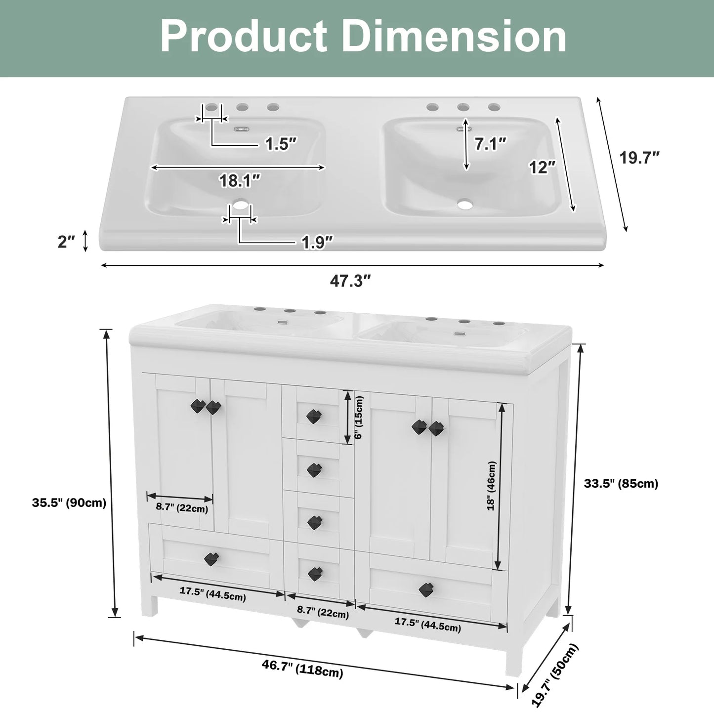 47'' Double-Sink Freestanding Vanity with Drawers & Cabinet White Modern Bathroom Storage Vanity 2 colors White & Black