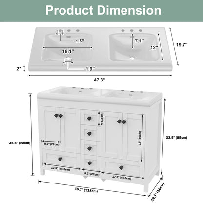 47'' Double-Sink Freestanding Vanity with Drawers & Cabinet White Modern Bathroom Storage Vanity 2 colors White & Black