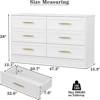 6 Drawer Dresser White and Gold, Tall Dresser Storage Solution for Entryway and Hallway