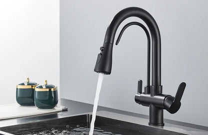 Quyanre Matte Black Filtered Crane For Kitchen Pull Out Spray 360 Rotation Water Sink Mixer Kitchen Faucet