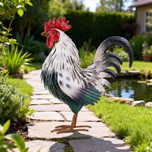 Rooster Garden Statue Sculpture Metal Chicken Yard Decor Outdoor Figurines Patio Backyard Decoration