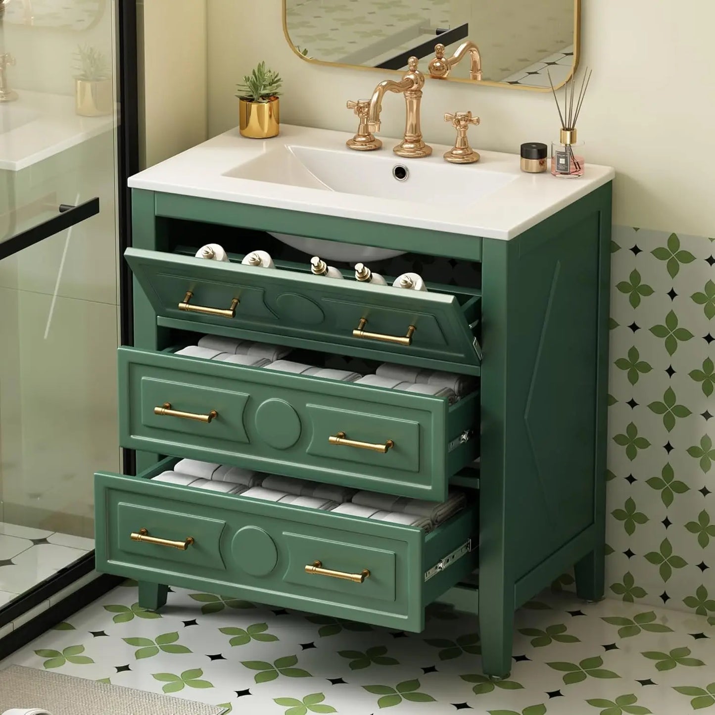 30in Solid Wood Bathroom Vanity Ceramic Sink Storage Cabinet