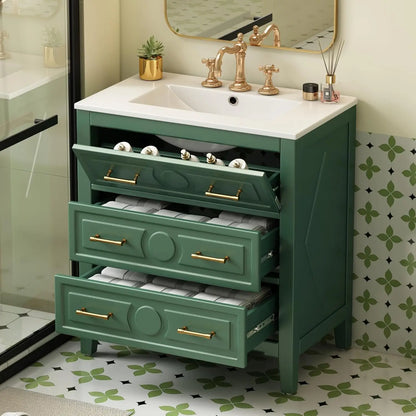 30in Solid Wood Bathroom Vanity Ceramic Sink Storage Cabinet