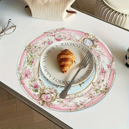 VIKAMA 4PC European Rose Meal Mat Light Blue Bottom Pink Round Table Decoration and Accessories