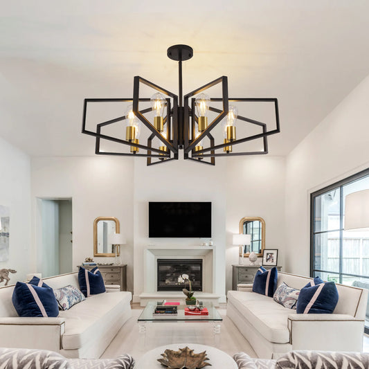 Modern 8-Light Geometric Chandelier Adjustable Height  Light with Black Frame & Golden Accents