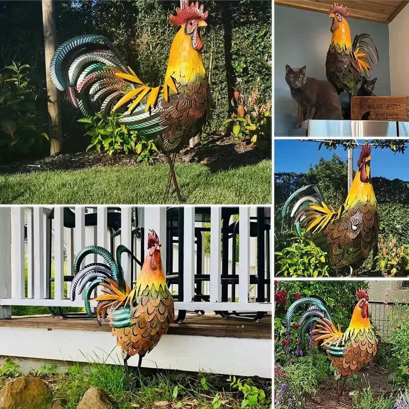 1Pcs Metal Garden Sculpture Iron Rooster Home Garden Decoration Shelf Wall Sculpture
