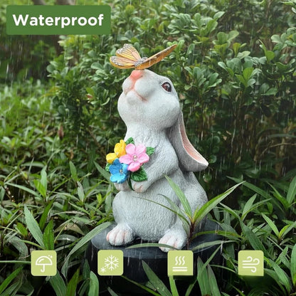 Solar Bunny Statue Garden Decor with Butterfly LED Light Resin Animal Figurine for Garden Courtyard