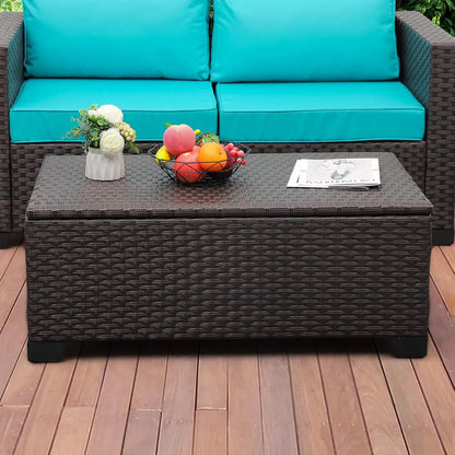 Outdoor Storage Table Wicker Patio Coffee Table with Waterproof Cover, Brown
