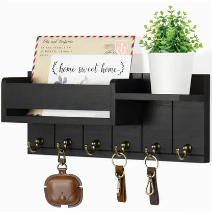 Rustic Wood Key Holder with Shelf Wall Mounted Decorative Key Rack  6 Key Hooks