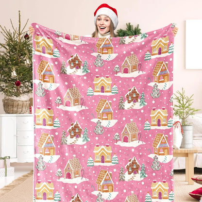1pc Throw Pink Xmas Gingerbread House Flannel Blanket