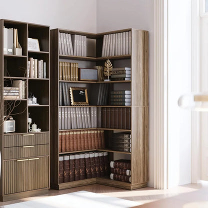 73 Inch Tall Wooden 7-Tier Corner Bookshelf  Ideal for Living Room