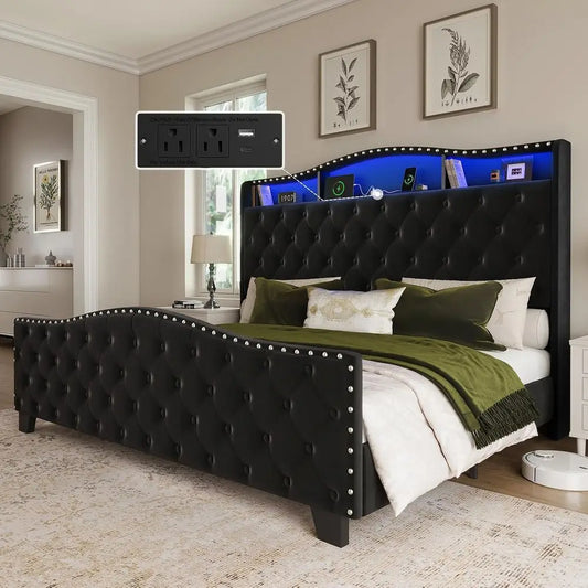 Belin King Size Bed  and board, 50.9" Velvet Upholstered Wingback Bede with LED Lights & Storage/Charging Station,