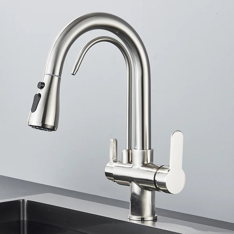Quyanre Matte Black Filtered Crane For Kitchen Pull Out Spray 360 Rotation Water Sink Mixer Kitchen Faucet