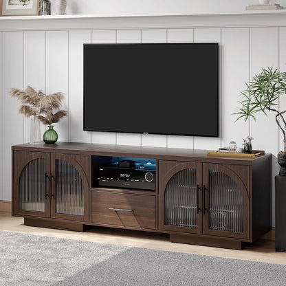 70 Inch TV Stand for 80 Inch TVs Entertainment Center with LED Lights Arched Glass Doors