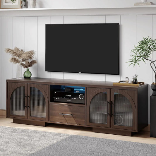 70 Inch TV Stand for 80 Inch TVs Entertainment Center with LED Lights Arched Glass Doors