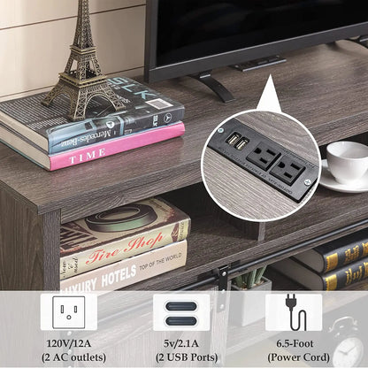 TV Stand Farmhouse Coffee Bar Cabinet Rustic Sliding Barn Door Cabinet with Power Outlet & LED Light