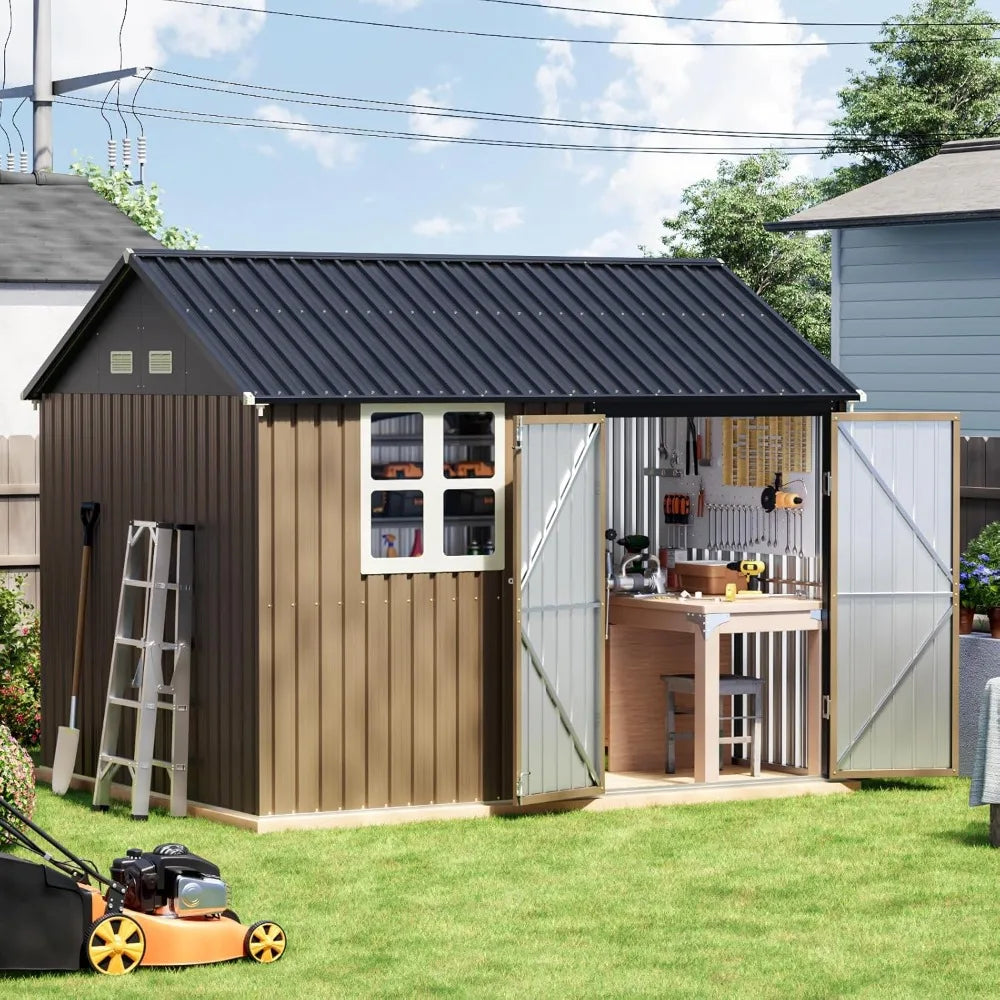 8x10 FT Outdoor Metal Storage Shed, Single Door, 1 Clear Window, Tool Shed for Garden, Patio, Backyard Brown