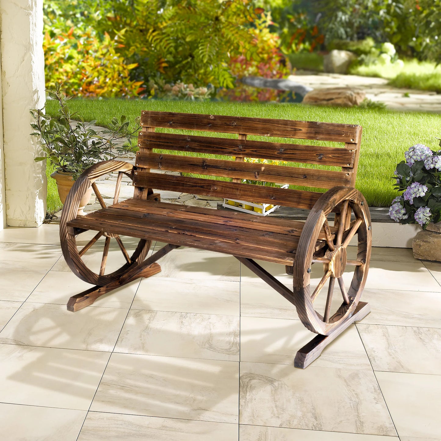 Outdoor Rustic Fir Wood Bench with Wagon Wheel Armrests Weather Resistant 550 Lbs Capacity 2 Seater