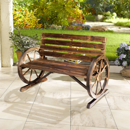 Outdoor Rustic Fir Wood Bench with Wagon Wheel Armrests Weather Resistant 550 Lbs Capacity 2 Seater