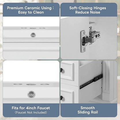 30" Bathroom Vanity with Sink Modern Storage Cabinet Single Door Two Drawers Solid Wood Frame