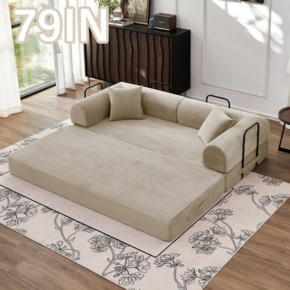 79" Convertible Sofa Bed with Fixed-Shape Frame & Removable Armrests, Modular Corduroy