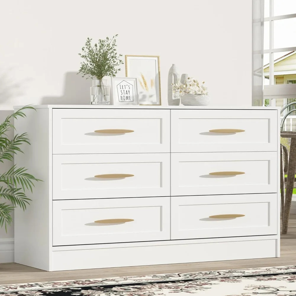 6 Drawer Dresser White and Gold, Tall Dresser Storage Solution for Entryway and Hallway