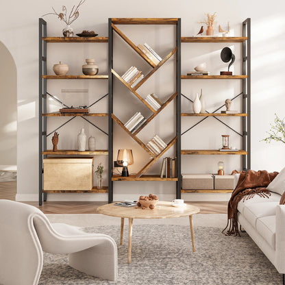 Triple 5 Tier Bookshelf, Large Wooden Bookcase with 17 Open Display Shelves Metal Frame
