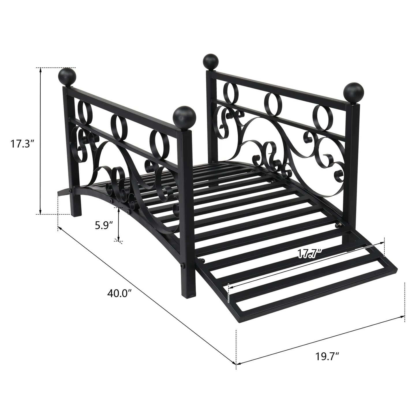 Garden iron bridge, with round iron ball flat-top handrails, black