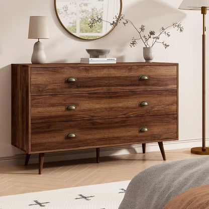Walnut Brown Dresser  6 Drawer with Wide Drawers and Metal Knob