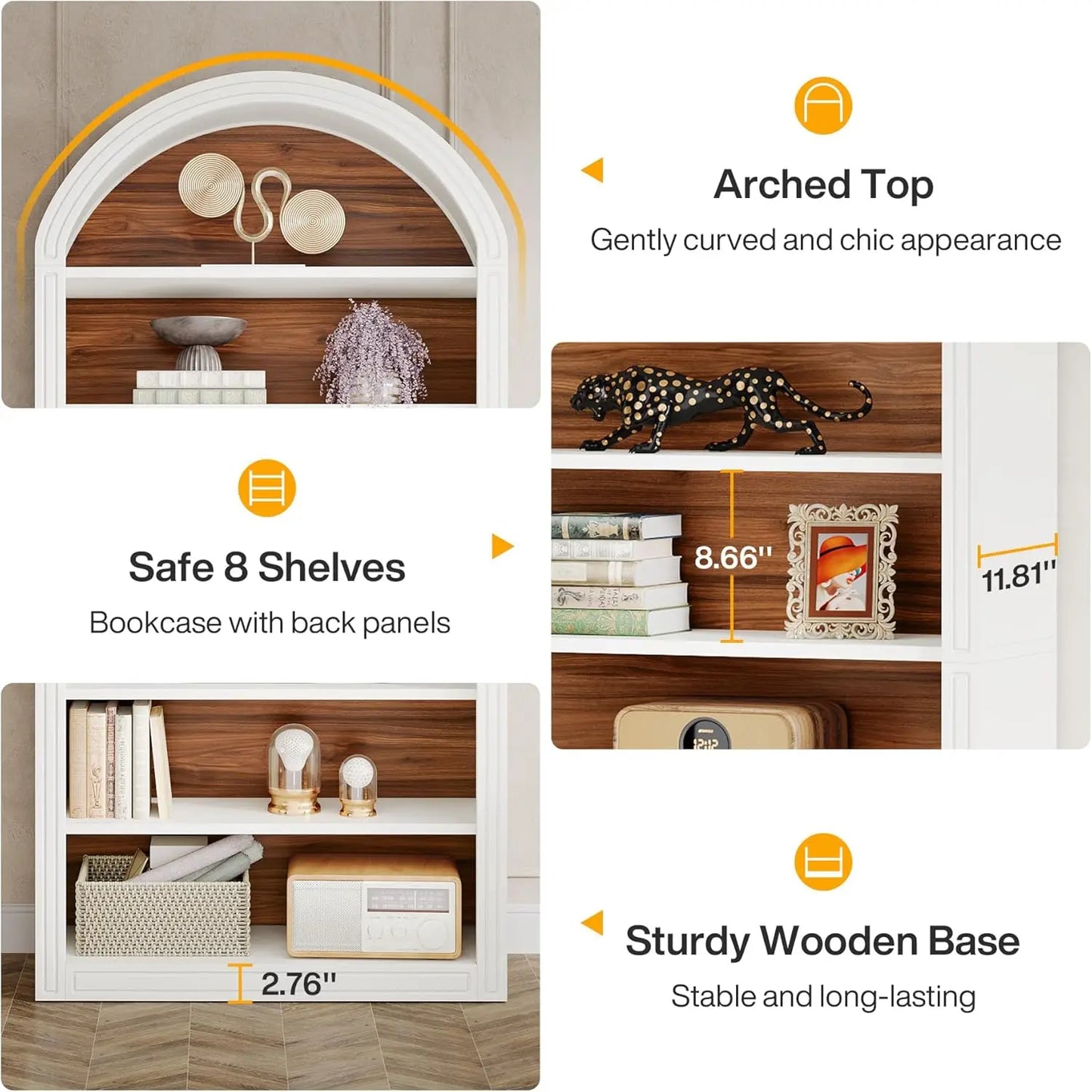 Modern Arched Bookcase with Storage, Standing Open Display Shelving