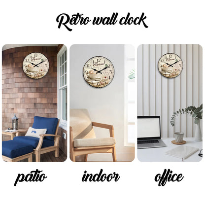 European Retro Coffee Cup Pattern Wooden Wall Clock for Kitchen, Home Decoration, Silent Quartz Clock,