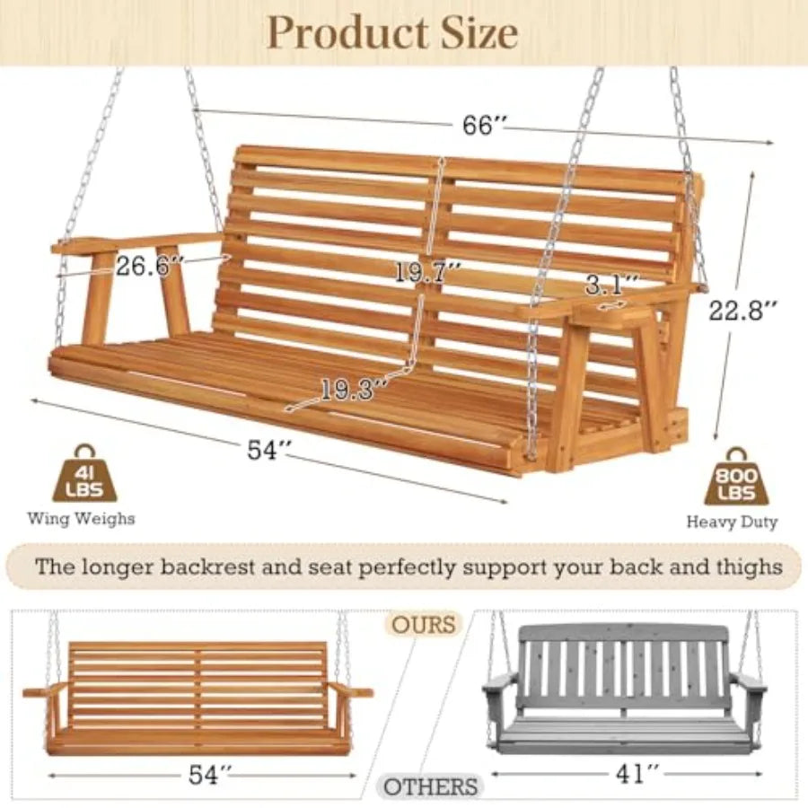 5.5FT Wooden Porch Swing  with Cup Holders Chains 880Lbs Weight Capacity  for Courtyard Gar