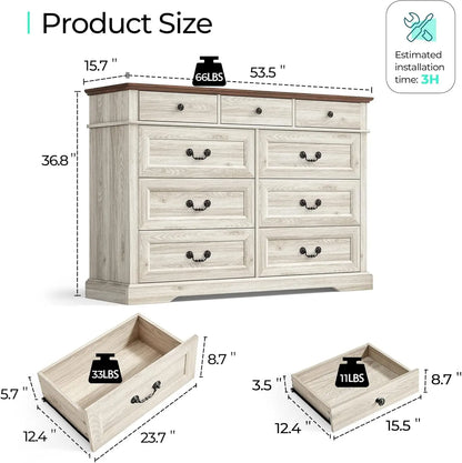 Farmhouse 9-Drawer Wood Dresser for Bedroom, Wide Chest Storage Organizer in Beige