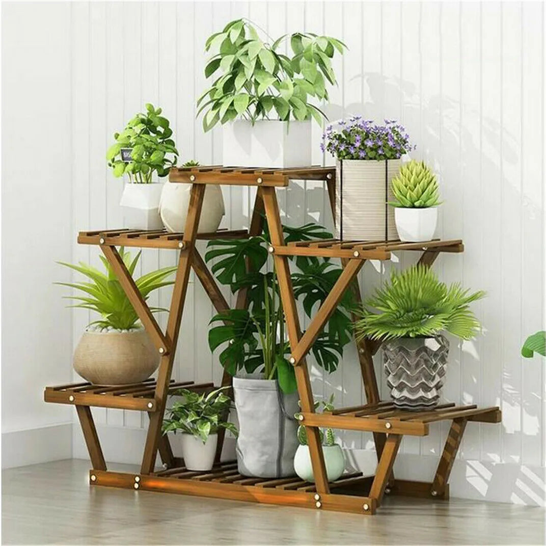 Carbonized Triangle 6 Tiered Corner Wood Plant Stand  Indoor Outdoor