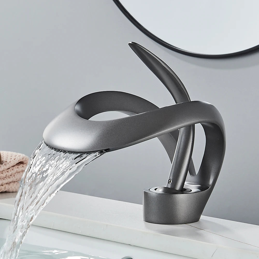 Rozin Luxury Black Basin Faucet Grey Bathroom Waterfall Mixer Tap Brass Deck Mount Modern Style