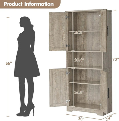 70 Inch Tall Kitchen Pantry Cabinet, Freestanding Storage Cabinet with 4 Doors and Adjustable Shelves,