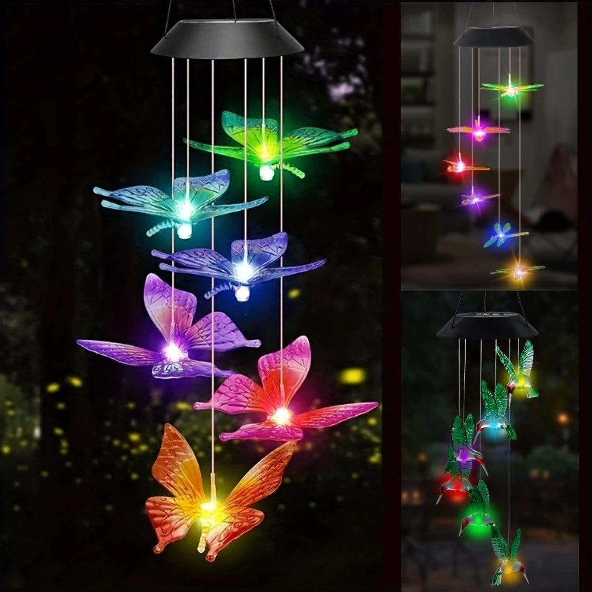 1PC Led Color Changing Butterfly Dragonfly Hummingbird Solar Wind Chimes Outdoor
