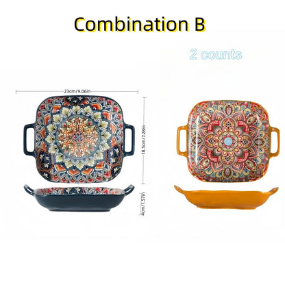 Bohemian double ear square ceramic plate