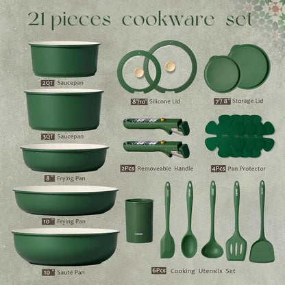 21-Piece Cookware Set Non-stick, Non-Toxic, Detachable Handle, Kitchen Cooking Set