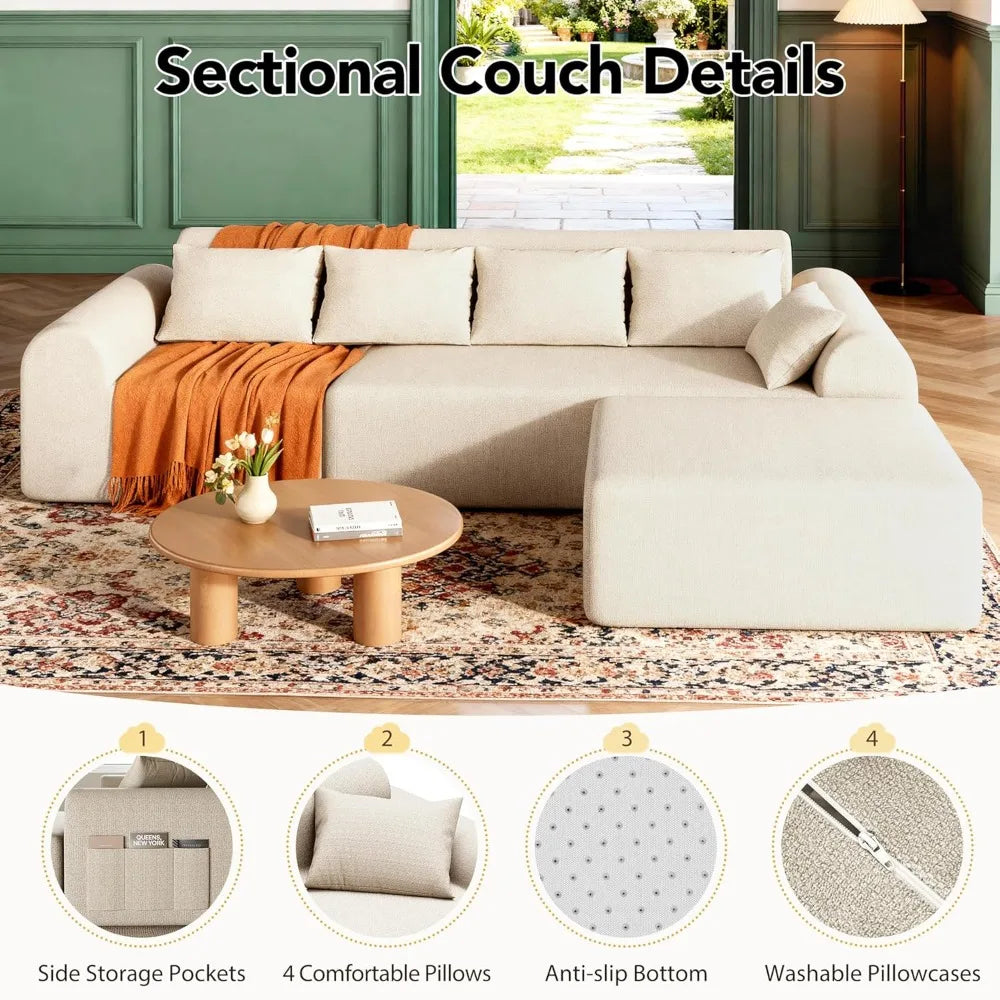 Cloud Boneless Sectional Sofa for Living Room, 4-Seater L-Shaped Comfy Couch with Ottoman, 4 Pillows, Deep, Customized