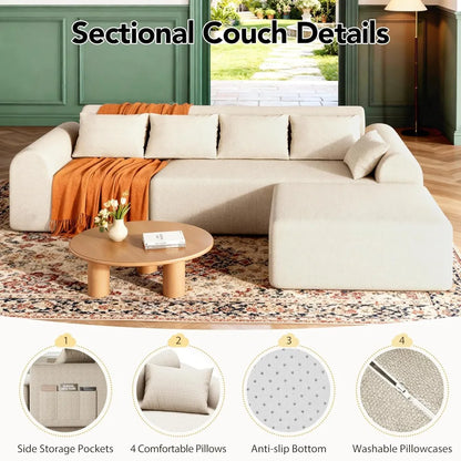 Cloud Boneless Sectional Sofa for Living Room, 4-Seater L-Shaped Comfy Couch with Ottoman, 4 Pillows, Deep, Customized