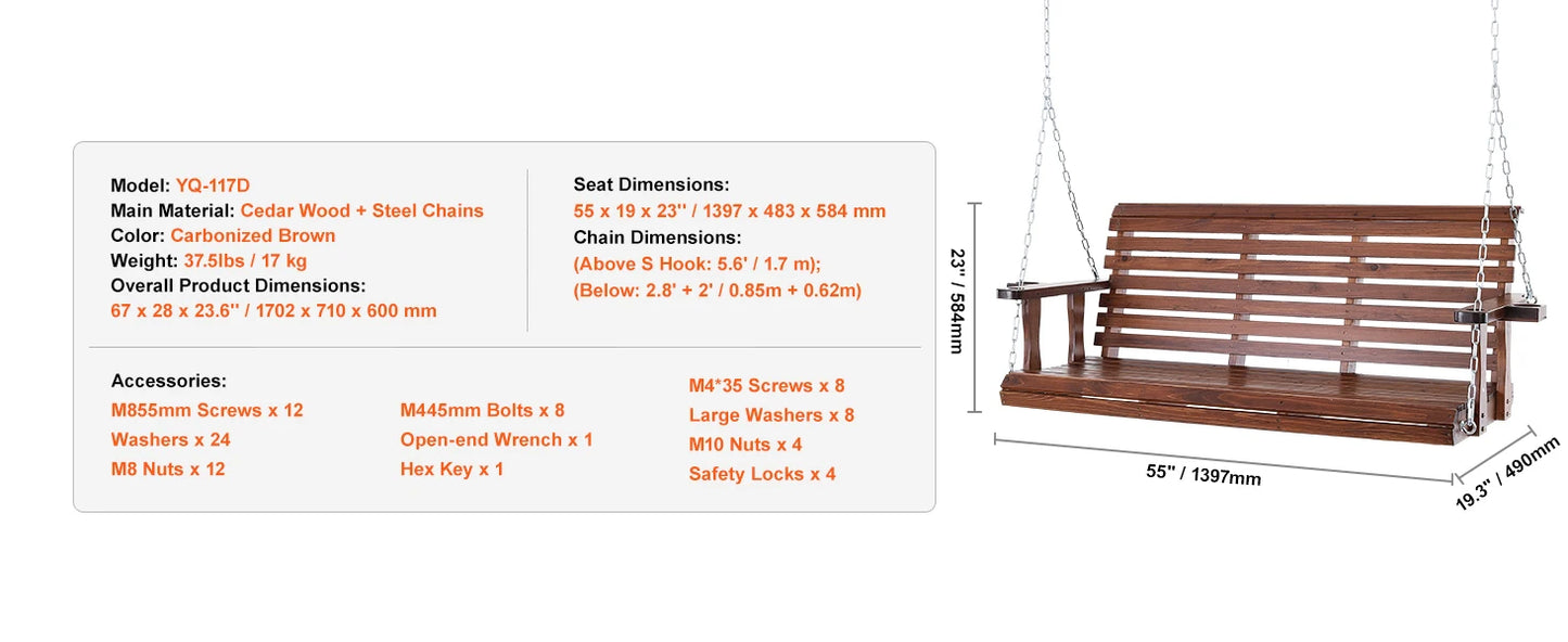 SucceBuy Wooden Porch Swing 5 ft  for Courtyard Garden  880 lbs Strong Load Capacity Chair Bench