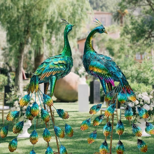 Metal Peacock Sculptures - Set of 2 Outdoor Garden Yard Art,  Hand-Painted, 30.7