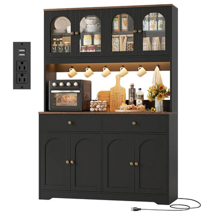71" LED Kitchen Pantry Cabinet with Power Outlet, with Arched Door & Shelves