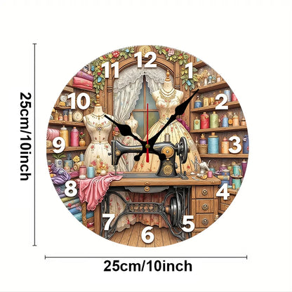 Vintage Sewing Machine Wooden Round Silent Hanging Wall