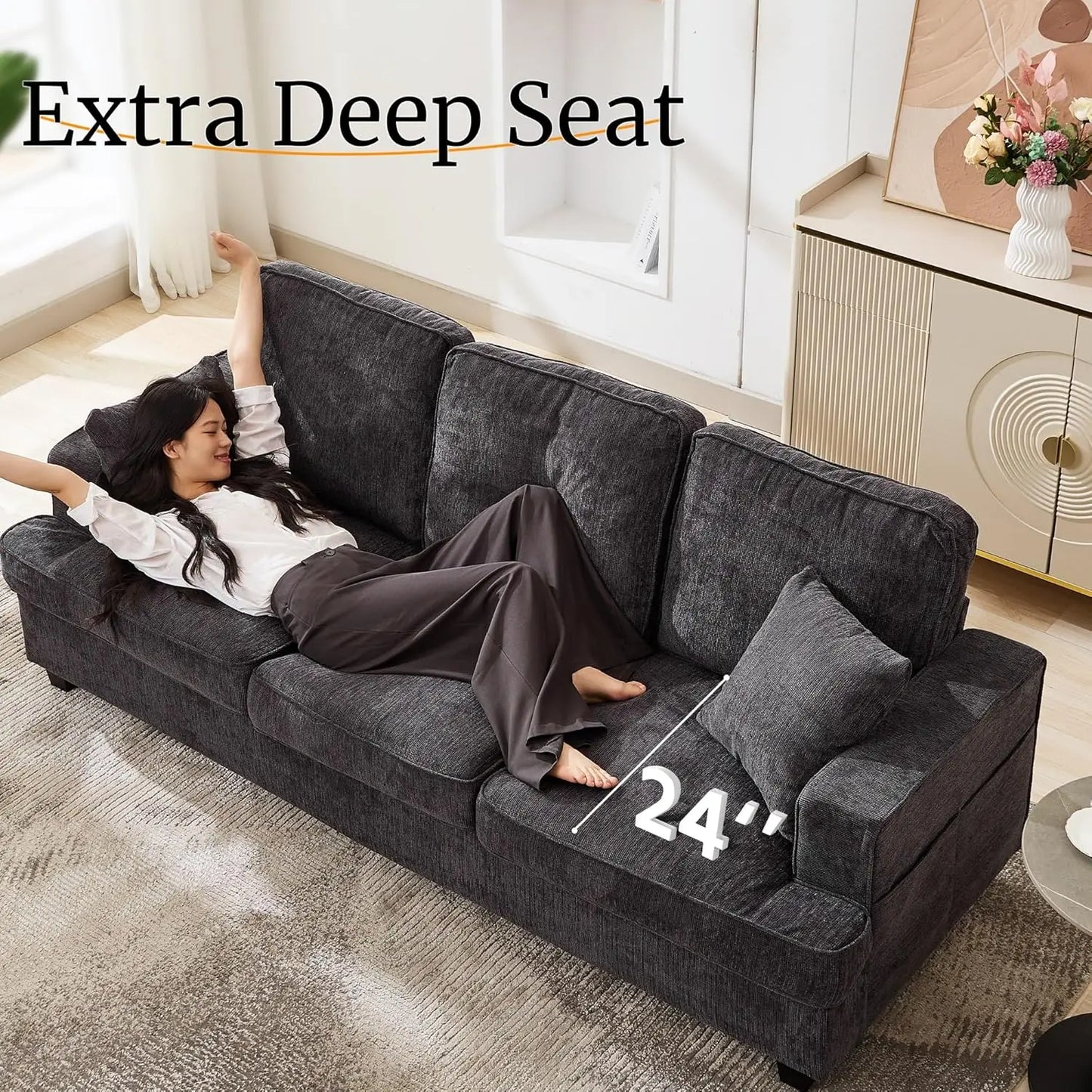89 inch Cloud Couch Sofa in Chenile with Extra Comfy Soft Deep Seats, Modern 3 Seater